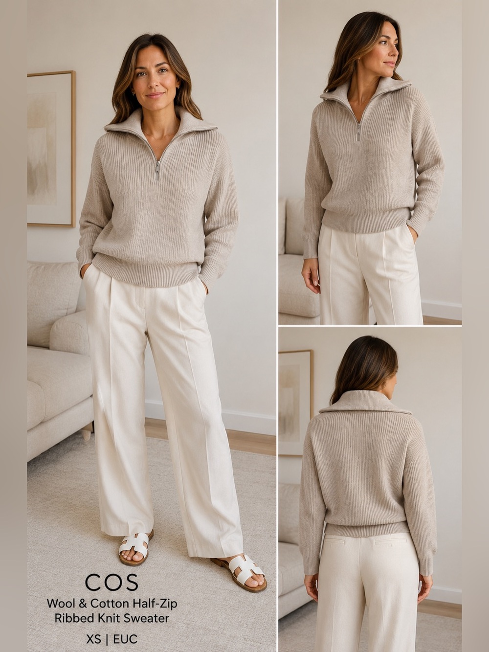 COS Wool & Cotton Half-Zip Ribbed Knit Sweater Beige XS